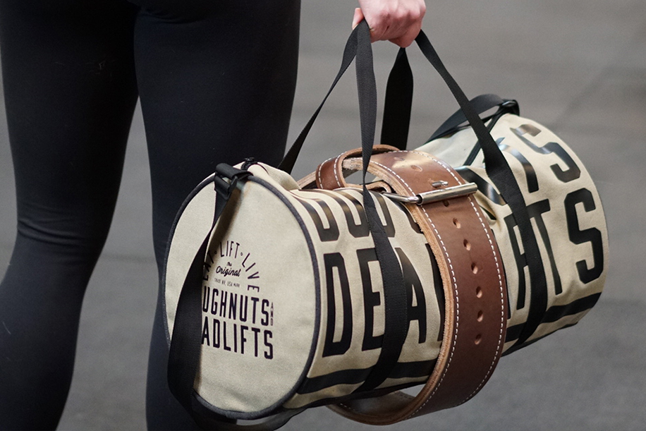 Doughnuts and Deadlift gym bag with lifting belt